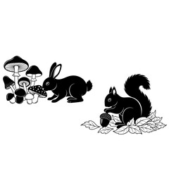 Vector art of a charming woodland scene featuring a rabbit near mushrooms and a squirrel with an acorn