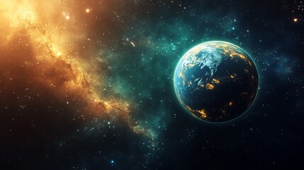 A blue and green planet with a bright, colorful nebula in the background.