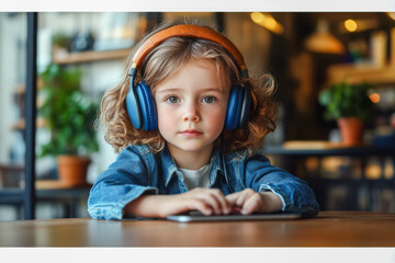Young child with curly hair wears blue headphones. Kid looks at camera, listening to audio on tablet at wooden table indoors.