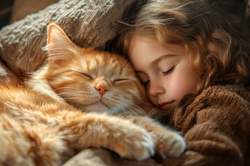Cute young girl and fluffy orange cat sleeping peacefully together, curled up in a cozy, warm, soft setting.