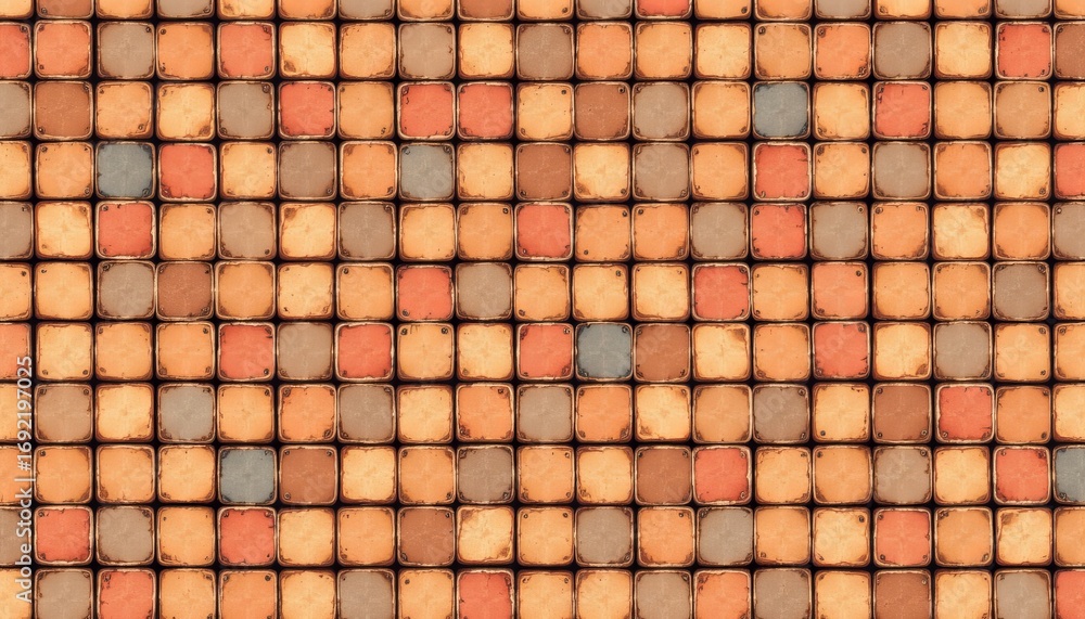 Poster the image depicts a close up view of numerous small, square tiles arranged in a grid pattern