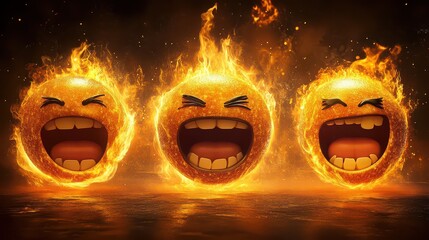 Three fiery emoji balls with angry expressions and open mouths surrounded by flames and sparks