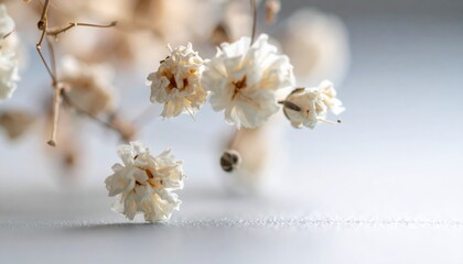 Close-up macro shot of dried white flowers on a white background