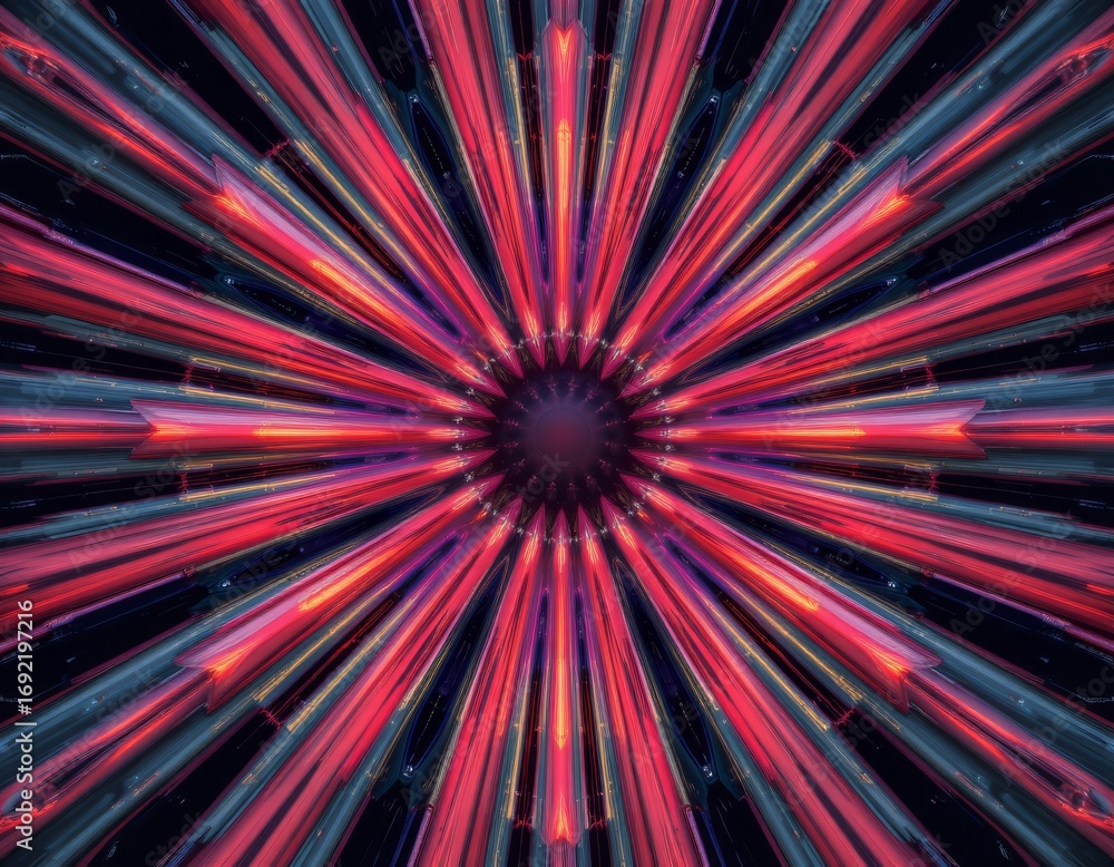 Poster the image features a dynamic, symmetrical pattern radiating outward from a dark central point, creat