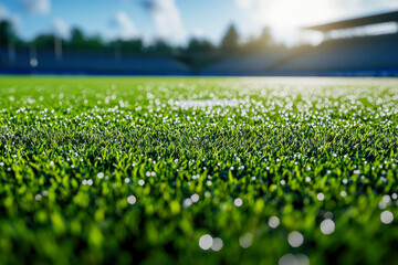 Close up view of lush green stadium grass with glistening water droplets. Bright morning sun shines over the empty sports arena.