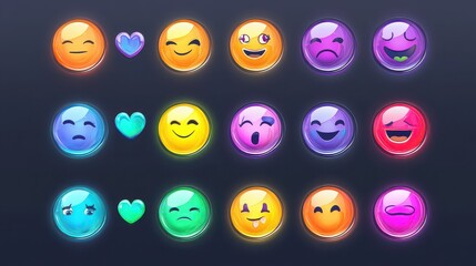 Collection of colorful cartoon emoji faces with different expressions on a dark background, vector illustration