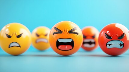 Group of angry emoji balls expressing rage and frustration on a blue background, symbolizing negative emotions