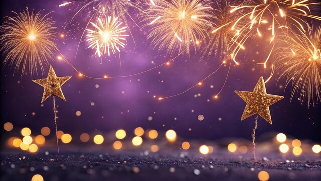 Golden Fireworks and Purple Bokeh with Christmas Star Lights &ndash; Holiday Background with Copy Space - 8