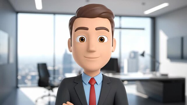 Cartoon Businessman Stands in a Modern Office With Skyline View at Daytime