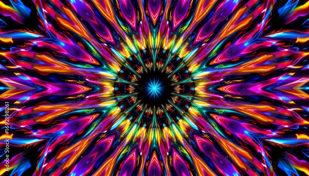 Poster the image features a vibrant, kaleidoscopic pattern radiating from a central point, creating a starb