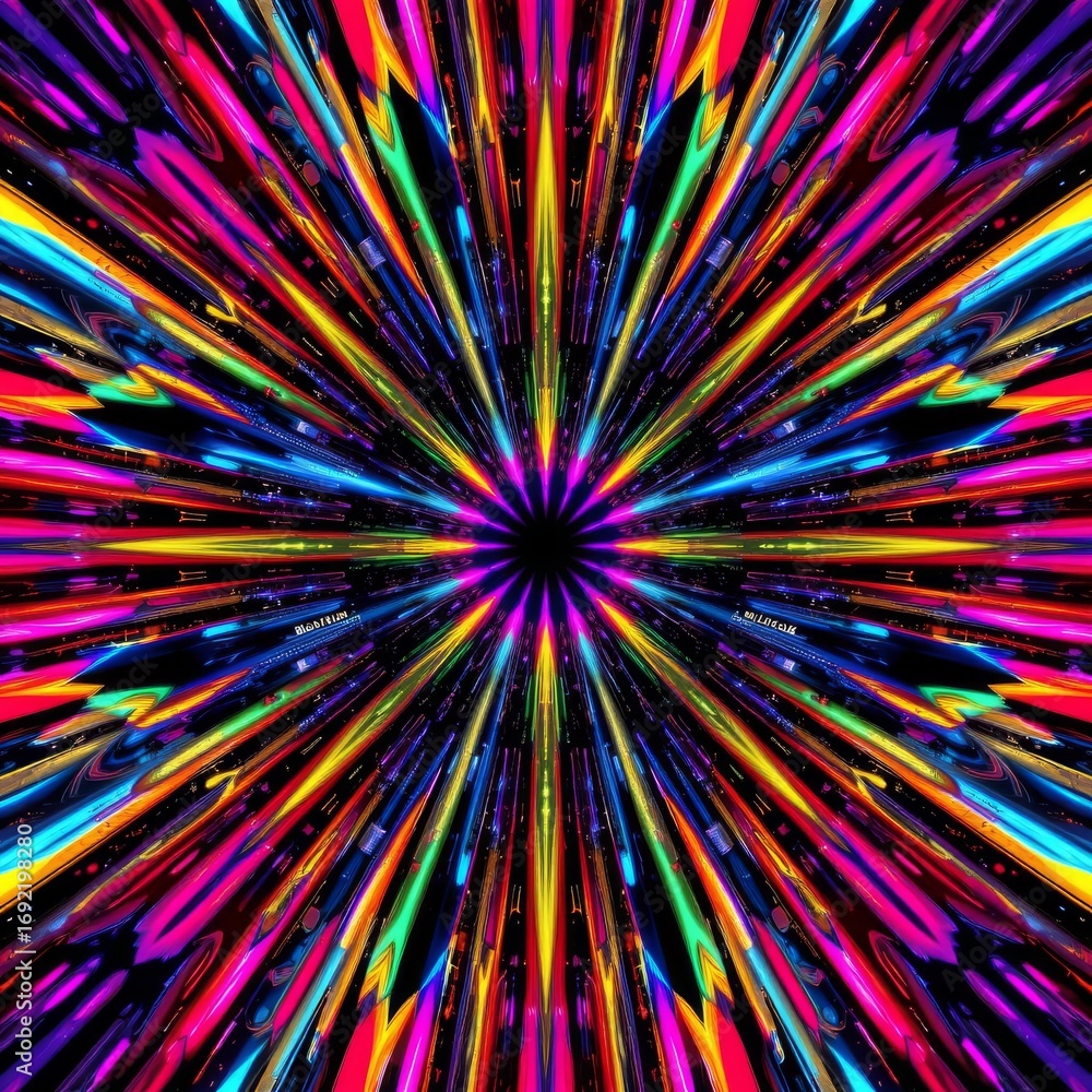 Poster the image features a vivid, neon colored explosion emanating from a central dark circle, creating a 