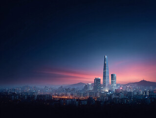 Naklejka premium Dramatic cityscape at twilight. Modern skyscrapers pierce a colorful sky above a sprawling metropolis. Evokes ambition, progress, and urban development.