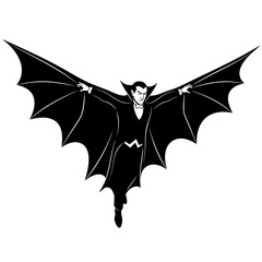 Vector art of a classic vampire spreads his batlike wings, ready to take flight, his cape forms the shape of wings