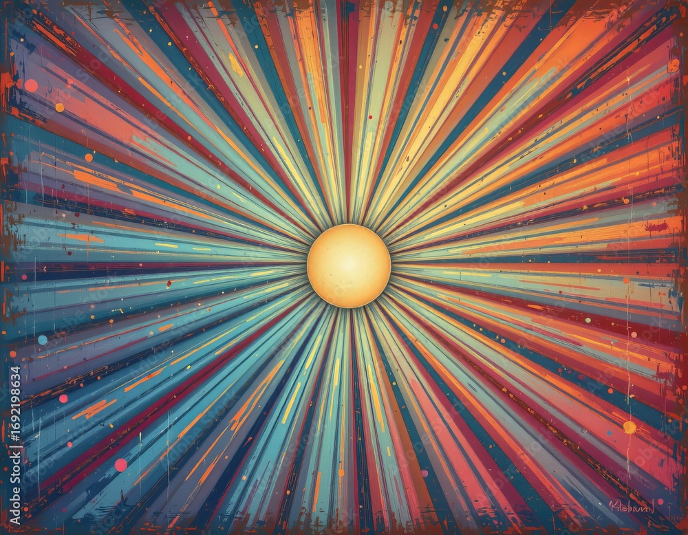 Poster the image depicts a vibrant, abstract design featuring a central circular element resembling a glowi