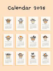 Calendar 2026 Collection with Vector Illustration of Cartoon Cat and Dog Character Design. Hand Drawn Vector Illustration. 