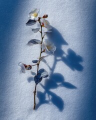 A delicate branch of blossoms, showcasing intricate shadows against a pristine expanse of winter snow, evokes a tranquil and serene mood.