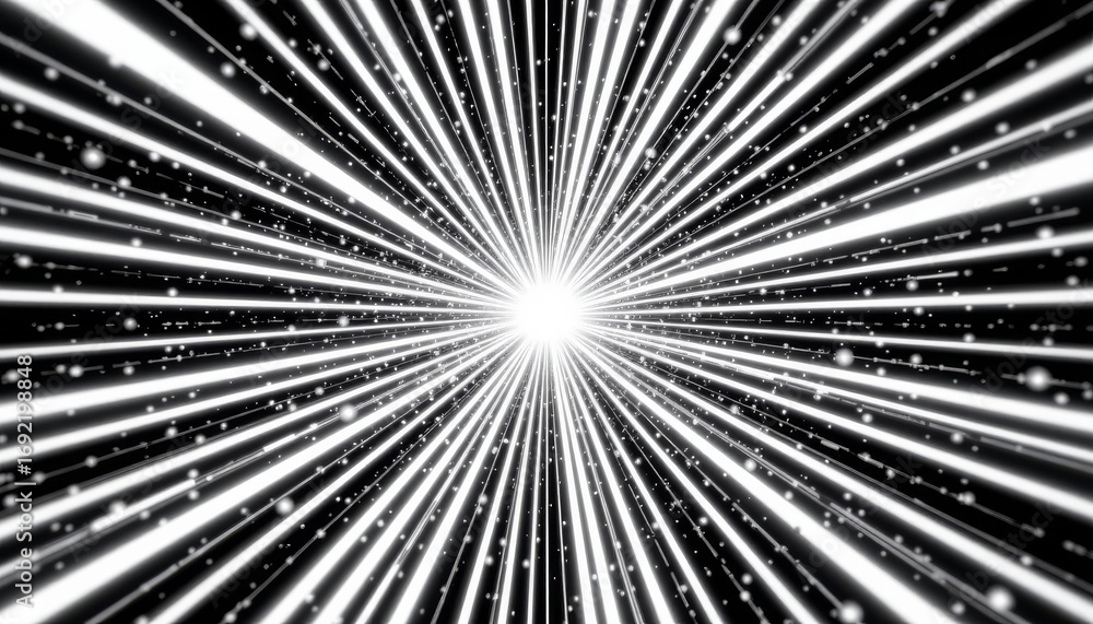 Poster the image features a striking pattern of radiating white light beams emanating from a bright central