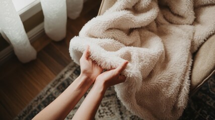 Soft, fluffy blanket held gently in hands.