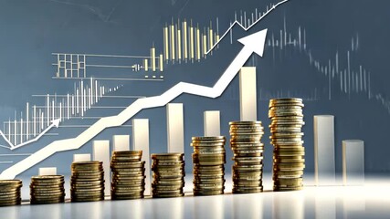 Golden stacked coins with rising bar chart and upward arrow showing economic financial growth trend and market investment - Powered by Adobe