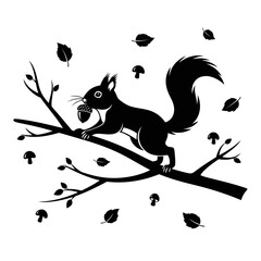 Vector art of silhouette of a squirrel carrying an acorn on a branch, leaves and mushrooms are falling around it © PureVectorArts