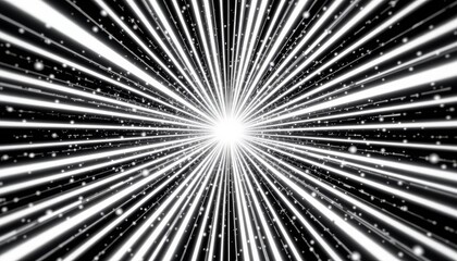 The image features a striking pattern of radiating white light beams emanating from a bright central point, creating a starburst effect against a dark background