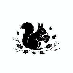 Vector art of silhouette of a squirrel holding an acorn, branches and leaves are scattered around it