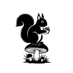 Vector art of silhouette of a squirrel sitting on a mushroom holding an acorn vector illustration of a squirrel in black color