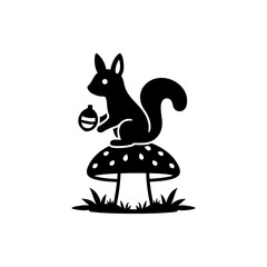Vector art of silhouette of a squirrel sitting on a mushroom holding an acorn vector illustration of a squirrel in black color