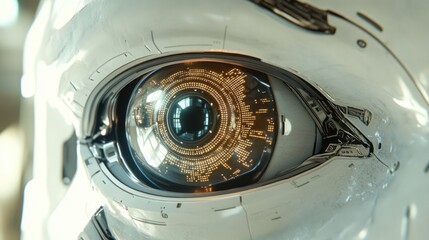 Close-up of a futuristic, white robot eye with a detailed, glowing lens