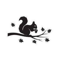 Vector art of squirrel sitting on a branch with autumn leaves, holding an acorn, black and white vector illustration