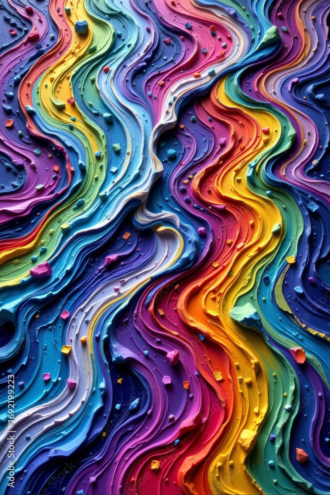 Poster the image features an abstract, vibrant composition with flowing, ribbon like layers arranged in swi