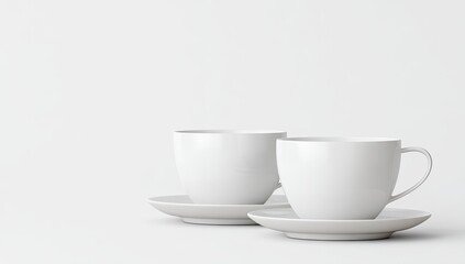 Fototapeta premium Two white ceramic coffee cups and saucers, slightly angled, on a plain white background. Steam rising from the cups