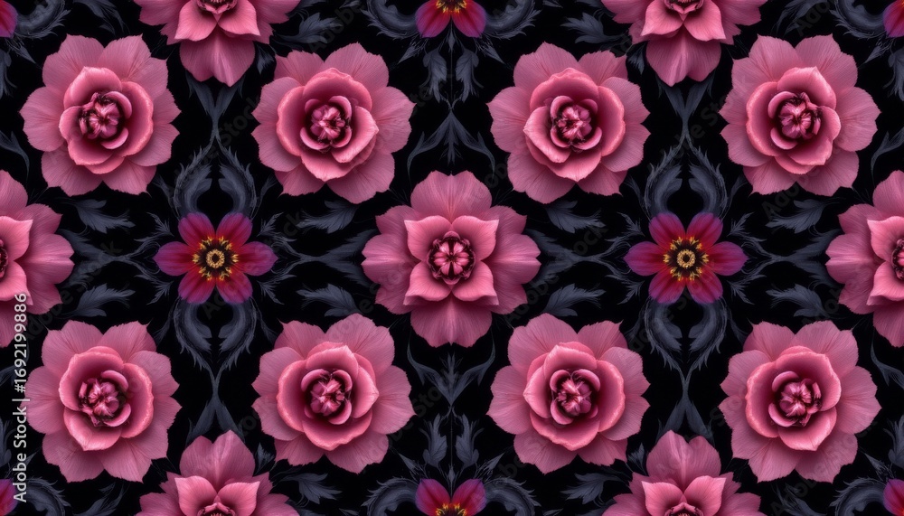 Poster the image features a repeating pattern of large pink flowers with layered petals, set against a dark