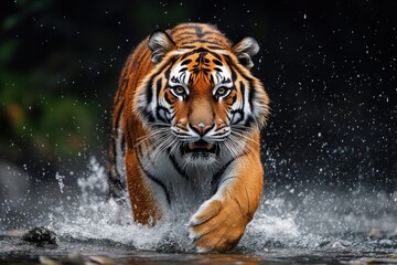 Naklejka premium Powerful tiger strides through splashing water