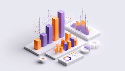 3D isometric data visualization, charts and graphs.  Colorful blocks representing data trends, with overlaid transparent lines and graphs.  Modern graphic design