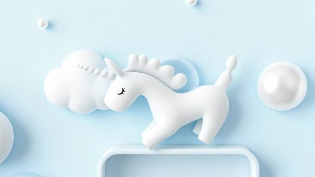 Pastel 3D background with clouds and a unicorn; blank rectangle for text; a friendly mockup for children&rsquo;s products.