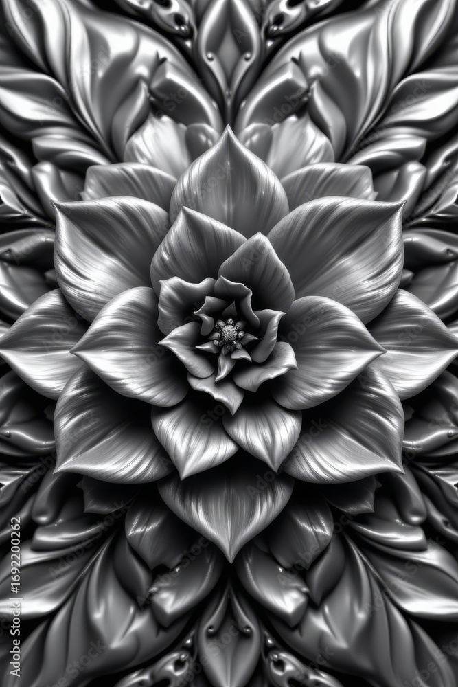 Poster the image features a highly detailed and symmetrical design of a large, central flower with multiple