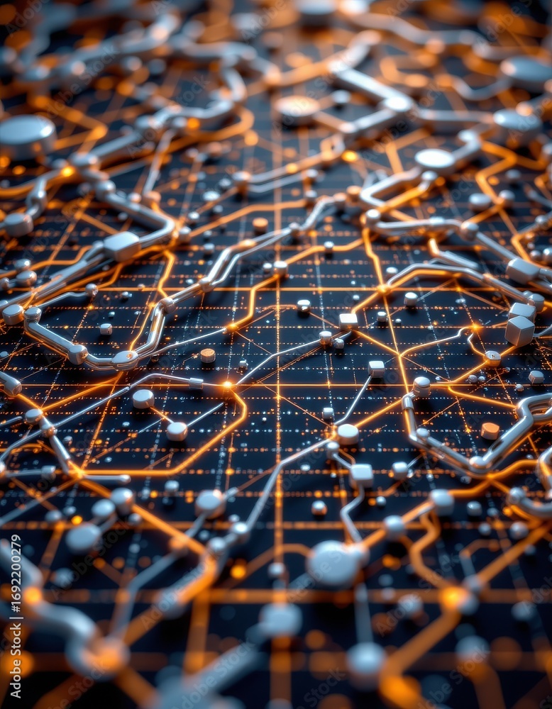 Poster the image depicts a highly detailed, futuristic digital network or circuit board with interconnected