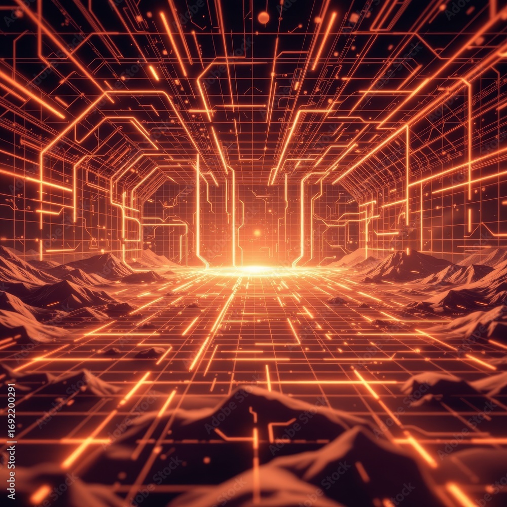 Poster the image depicts a futuristic digital landscape with glowing orange circuits and lines forming an e