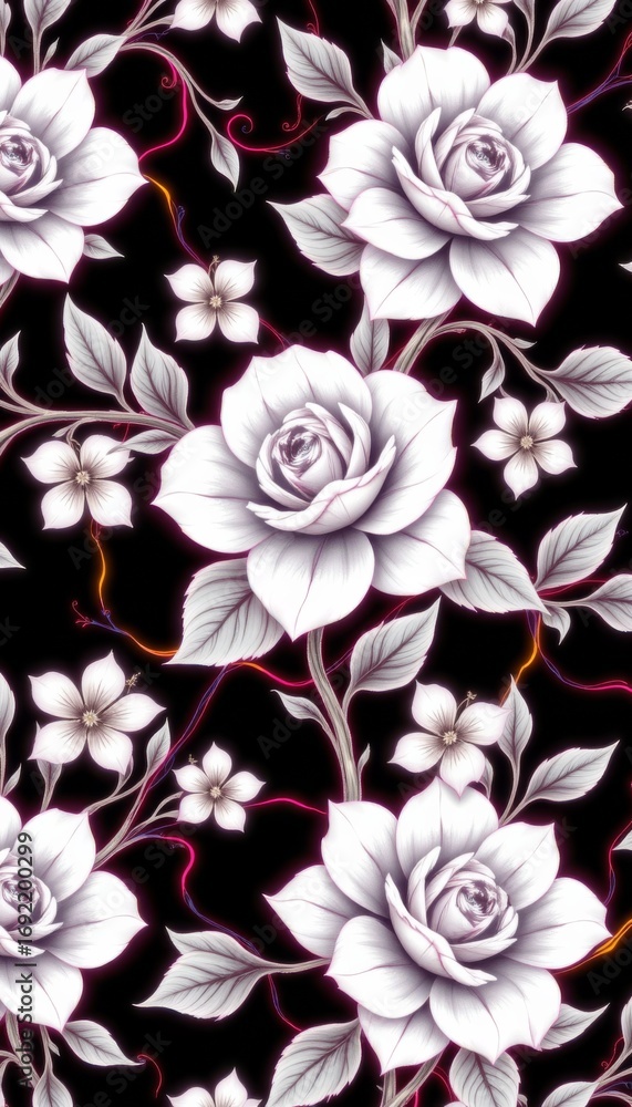 Aufkleber the image features an intricate pattern of large, detailed roses and smaller flowers rendered in sha