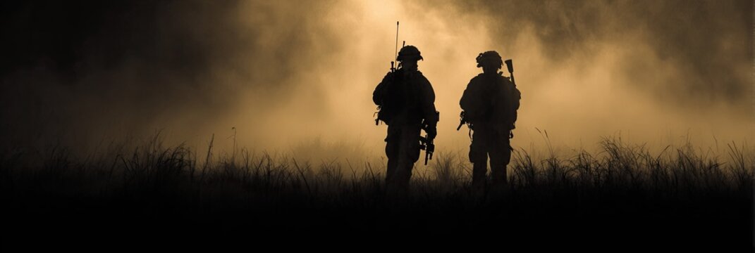 Silhouettes of soldiers in a hazy battlefield