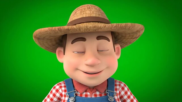 Cartoon Farmer Smiling in Front of a Green Screen Wearing a Straw Hat and Overalls, Agriculture Concept