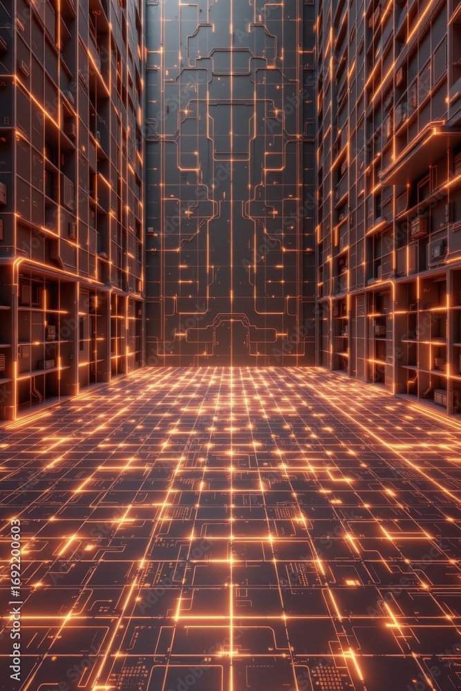Poster the image depicts a futuristic, digital corridor with walls and floors illuminated by a network of g