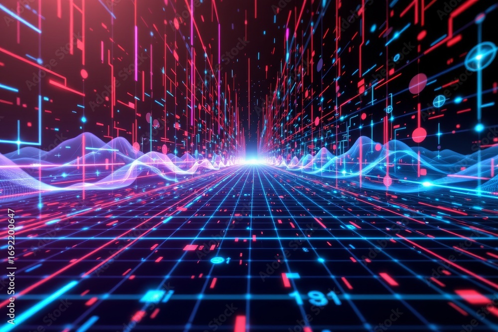 Poster the image features a futuristic, digital landscape with a grid like floor extending into the distanc