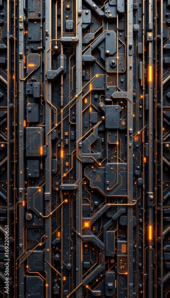 Poster the image depicts a highly detailed and intricate close up of a futuristic technological circuit boa