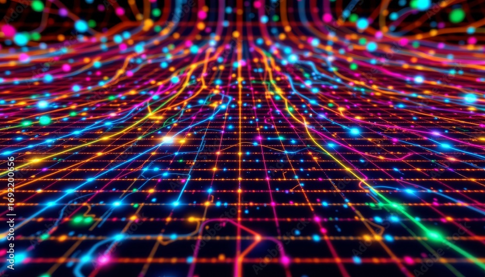 Poster the image depicts a vibrant, futuristic digital landscape composed of a grid like pattern extending 