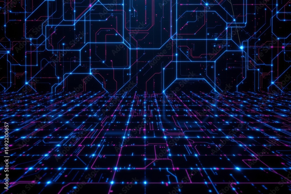 Poster the image features a futuristic digital landscape with a grid like floor extending into the distance
