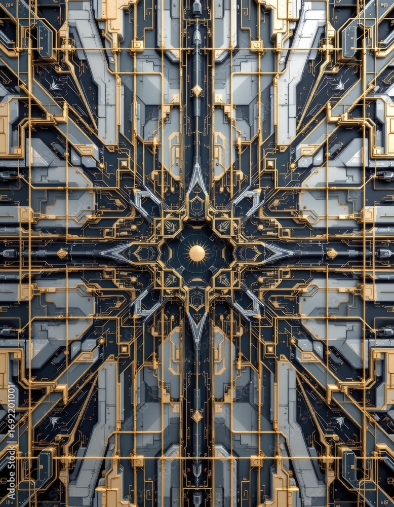 Aufkleber the image depicts an intricate, symmetrical technological or digital structure with a complex networ