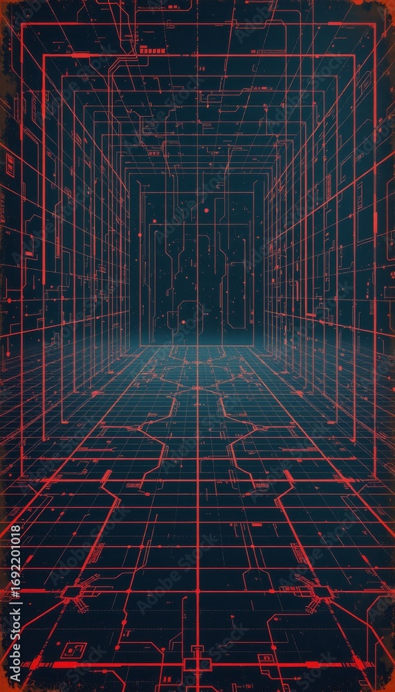 Poster the image depicts a futuristic, digital corridor with a three dimensional perspective, creating an i