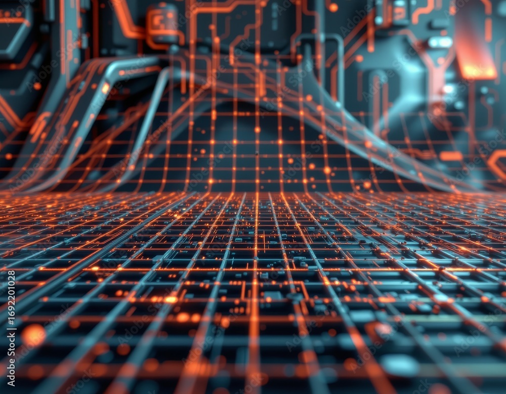 Poster the image depicts a futuristic digital landscape characterized by a grid of glowing orange and blue 